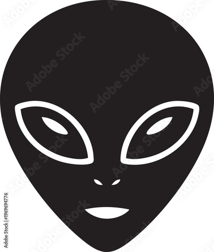 Alien face minimalist illustration in black and white on plain background for science fiction