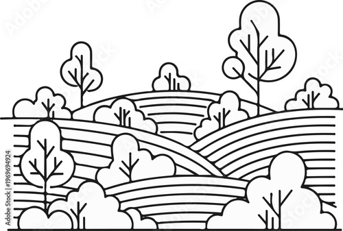 Stylized rolling hills with trees and striped fields, depicted in a minimalist line art style