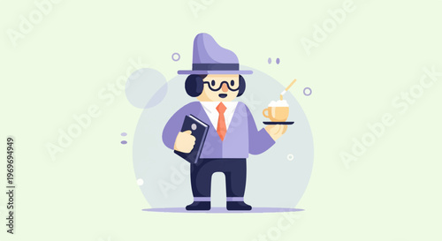 Whimsical character in purple hat holding a book and coffee