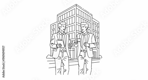 Two businessmen in suits converse outside a modern office building