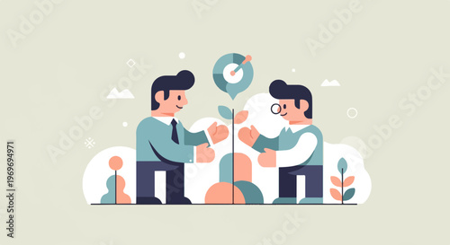 Two businessmen planting a sapling with a target above