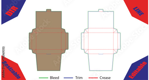 Flat of paper box packaging with bleed trim and crease lines