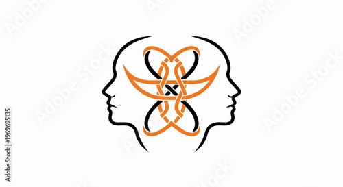 Two stylized profiles facing outward, connected by an abstract orange knot