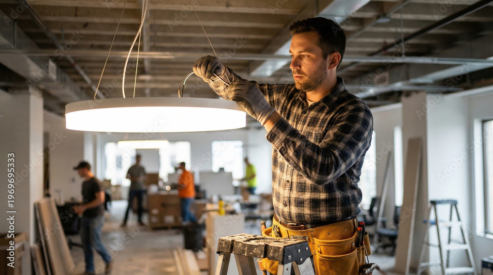 Fototapeta premium Electrician Installing Modern Light Fixture in New Office Construction