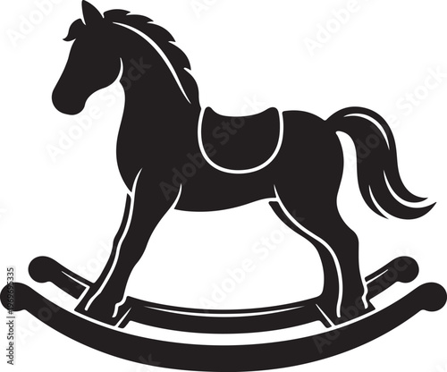 Black silhouette of a classic rocking horse toy on a white background, symbolizing childhood and play.