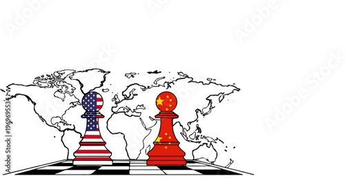 Two chess pawns, one US flag, one China flag, on board, world map