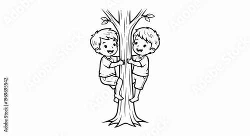 Two children joyfully climbing a tree together
