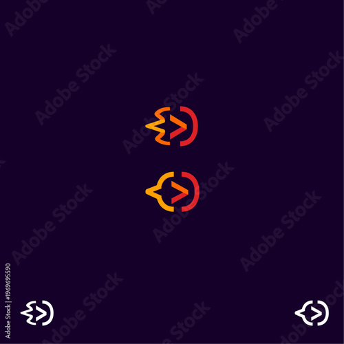 Dynamic flaming code symbol logo combining curly brace, greater-than arrow, and parenthesis into a bold fireball icon — ideal for software agencies, developer communities, coding bootcamps, and tech 
