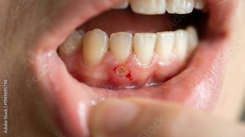 An extreme macro close-up of a painful aphthous ulcer on the lower gum line, highlighting the red, inflamed tissue and white central lesion.