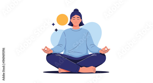 Person with a bun sitting in a meditative lotus pose with eyes closed, featuring a simple sun and clouds in the background.