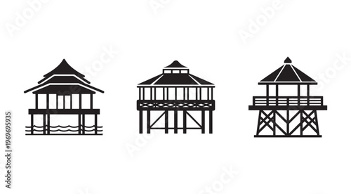 Three traditional Asian wooden stilt houses with different roof designs and structures isolated on white background