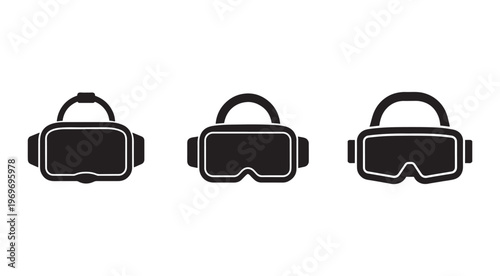 Three virtual reality goggles or headsets in different styles and designs for gaming and technology  isolated on white background