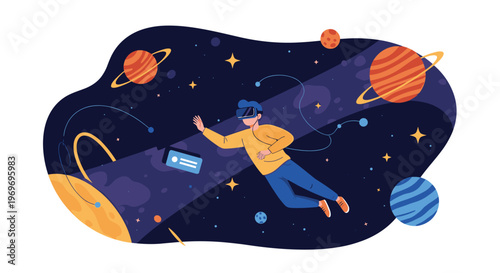 Young man wearing a virtual reality headset floating through a cosmic space scene with colorful planets, stars, and nebulas.