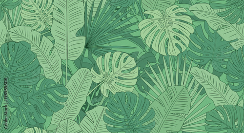 Dense and intricate seamless pattern of various tropical leaves in monochromatic green shades, creating a lush jungle feel.