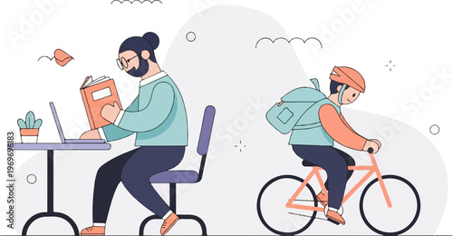 Two figures, one studying at a laptop and reading, another cycling with a backpack