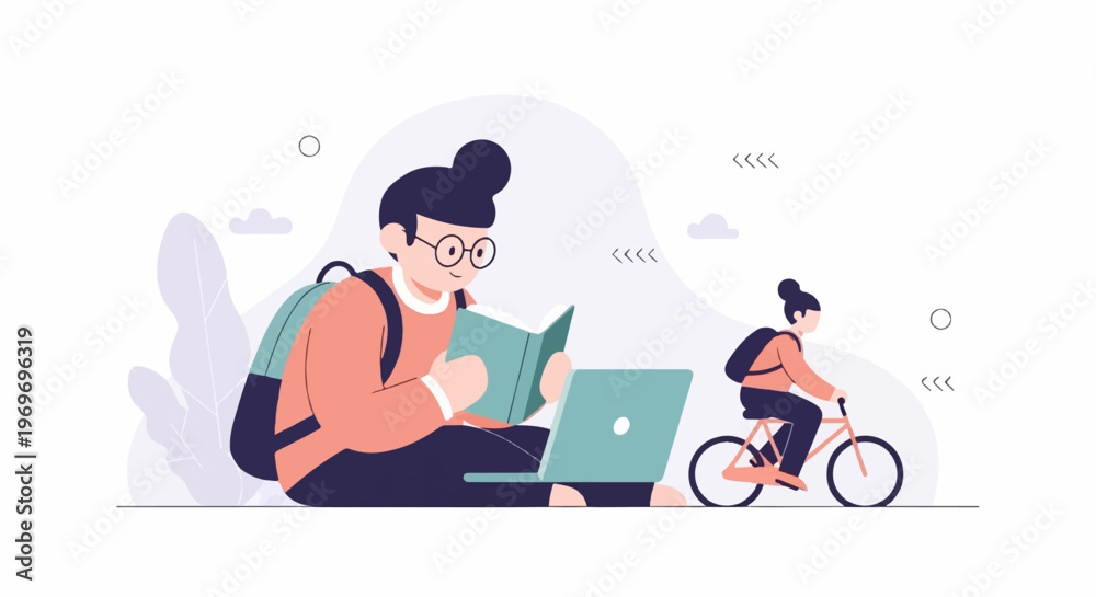 Obraz premium Two individuals engaged in study and cycling amidst abstract elements