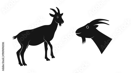Goat black silhouettes isolated on white background. Black animal head and figure completely for chinese new year 2027. Zodiac symbol art, logo, print, design, graphics. Vector illustration.