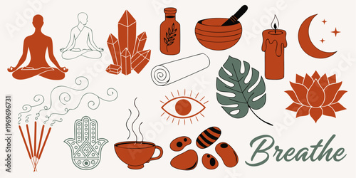 Mindfulness and Wellness Vector Icon Set with Yoga Meditation Crystals and Zen Elements for Spiritual Branding and Self-Care Content