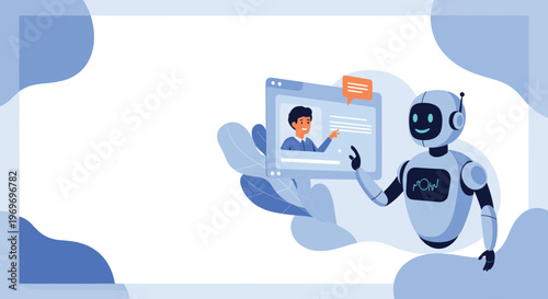 Futuristic technology concept showing an artificial intelligence robot interacting with a digital human profile on a screen.
