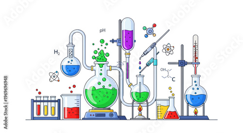 Laboratory equipment, chemistry lab setup, science glassware, test tubes, beakers