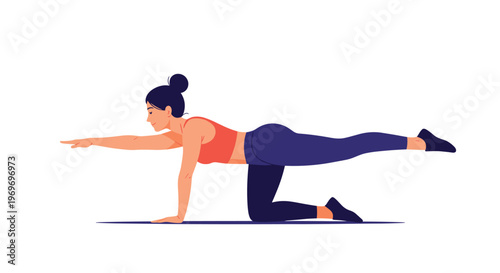 Athletic woman practicing a bird dog yoga pose on a mat to improve core strength and balance in a clean setting.