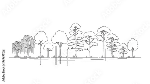 Vector CAD design style illustration of trees in a serene landscape