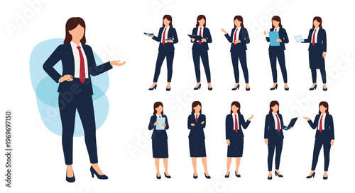 Collection of professional businesswoman characters in various poses including presenting, holding a laptop, and taking notes.
