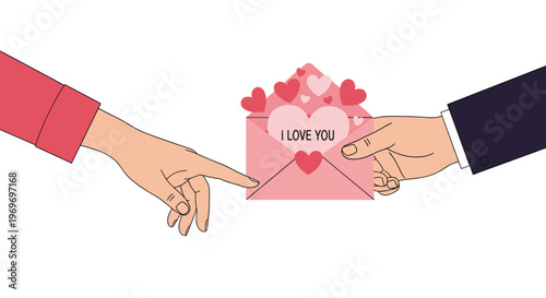 Romantic illustration of two hands reaching towards a pink envelope filled with hearts and an I love you message.