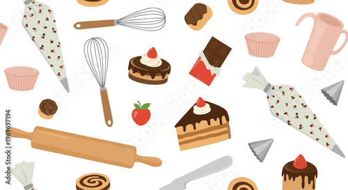 Seamless baking themed pattern featuring rolling pins, whisks, cakes, and piping bags for culinary and pastry inspiration.