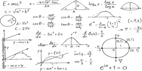 A vintage set of hand-drawn mathematics and chemistry formulas on a chalkboard featuring decorative calligraphic borders and scientific sketch elements in a vector illustration design