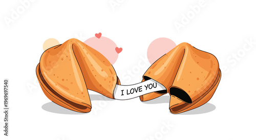 Two halves of a broken fortune cookie revealing a paper slip with the text I love you, surrounded by floating pink heart symbols.