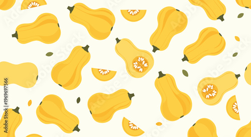 Repeating pattern of whole and sliced butternut squash with seeds and small green leaves on a light cream colored background.