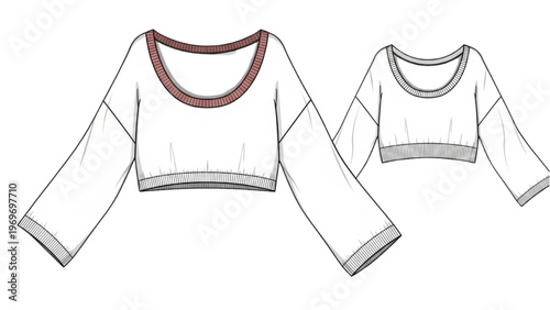 Vector CAD design style illustration of two cropped shirts with different necklines