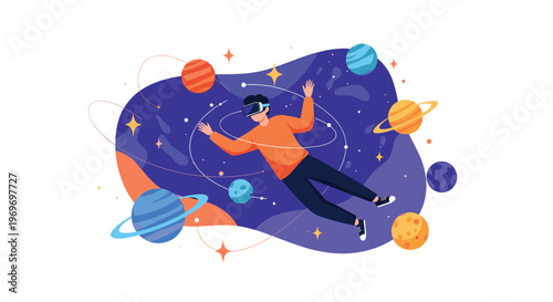 Young man wearing a virtual reality headset floating in space among colorful planets and stars for a futuristic metaverse concept.