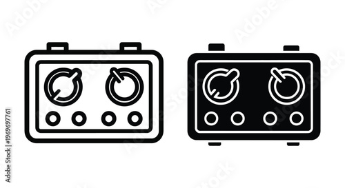 Set of two vector icons of a control panel with knobs and buttons, representing audio equipment, industrial switches, or electronic devices