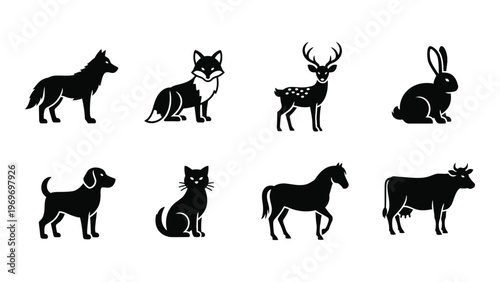 A collection of eight animal silhouettes arranged in two rows featuring a wolf deer rabbit and more silhouette high quality professional