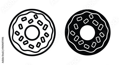 Donut icon set, vector illustration of sweet pastry with sprinkles, outline and silhouette style