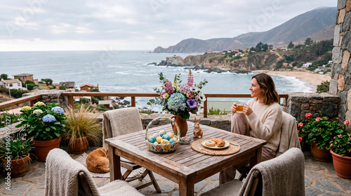 Woman freelance writer enjoying coastal terrace brunch