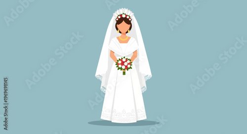 Bride in White Dress Holding Bouquet, Wedding Veil and Flowers
