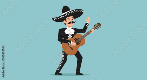 Mariachi musician playing guitar, waving hello