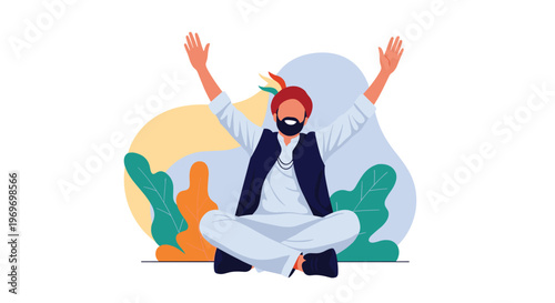Joyful man in traditional South Asian clothing sitting cross legged with arms raised in a celebratory gesture against abstract shapes.