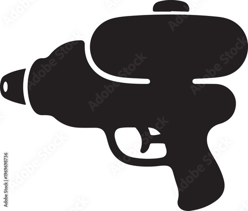 Black silhouette of a water gun toy with a large reservoir, on a grey background.