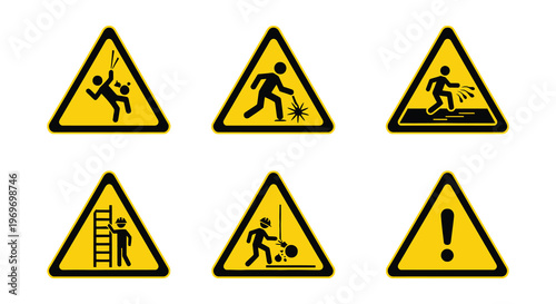 Warning signs depicting various workplace hazards and potential accidents