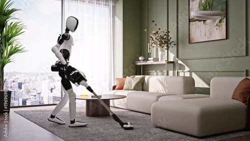 Wallpaper Mural AI-powered humanoid robot cleaning apartment, vacuuming a modern living room. Advanced household automation and AI housekeeping assistant. Future smart home technology. 3d animation rendering Torontodigital.ca