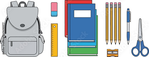 School supplies are arranged neatly for educational purposes.