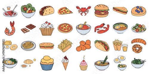 Fast Food Vector Pattern with Burger Pizza Sushi and Desserts Flat Design icon