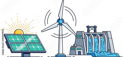 Renewable energy sources combine solar, wind, and hydro power generation.