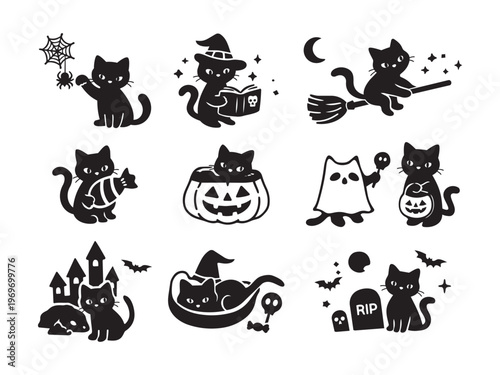 Halloween black cat silhouette set, minimal vector cats with pumpkin, witch hat, bat and spooky elements