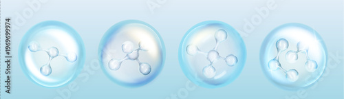 3D serum bubbles set with molecules inside isolated on blue background. Vector realistic illustration of molecular blobs structure, cosmetic gel essence, skincare liquid with beauty vitamin spheres