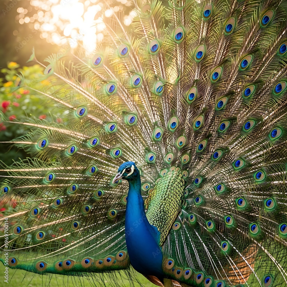 Obraz premium A vibrant peacock spreads its colorful tail feathers in a lush green garden during sunrise.